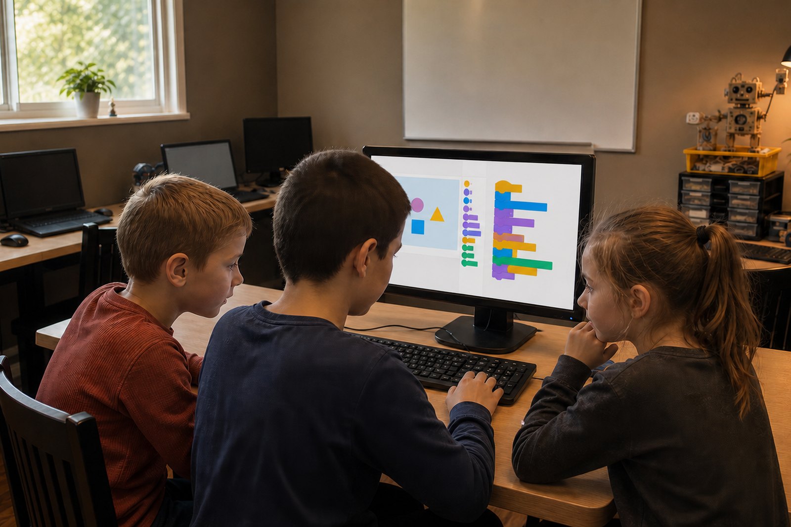 Children comparing a block-based program at a small computer station.