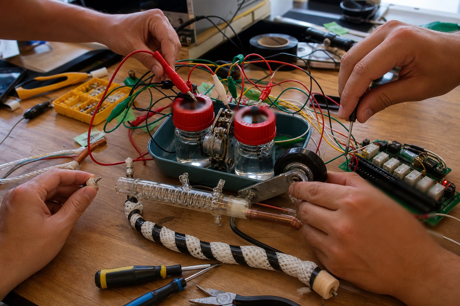 Hands using tools and test leads on an electronic mechanism.