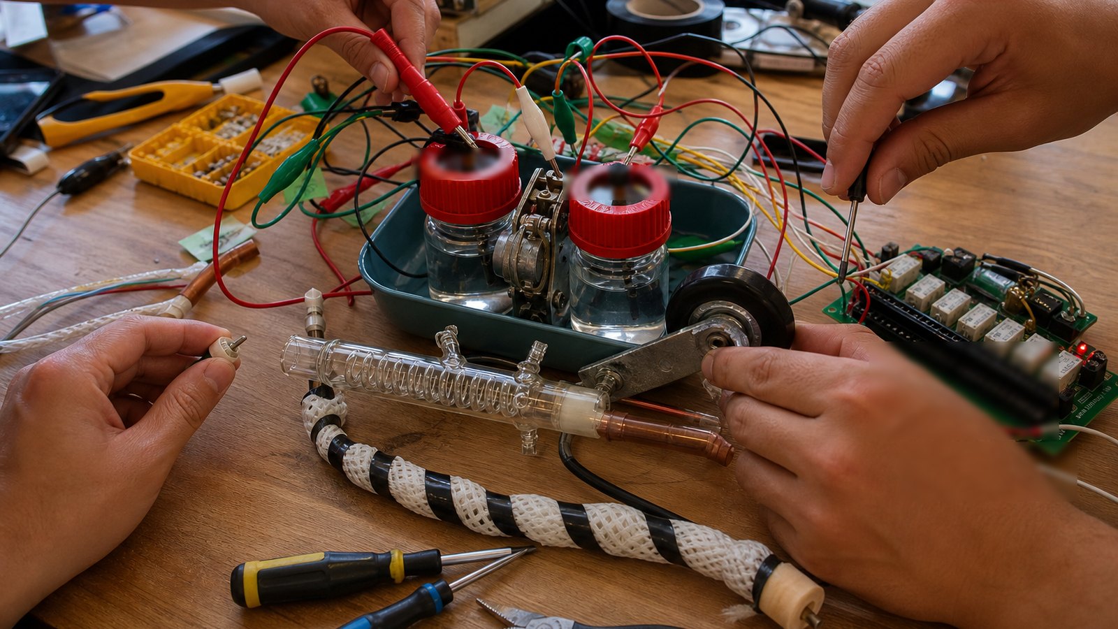 Hands testing a machine made from sensors, containers, wheels, and exposed wiring.