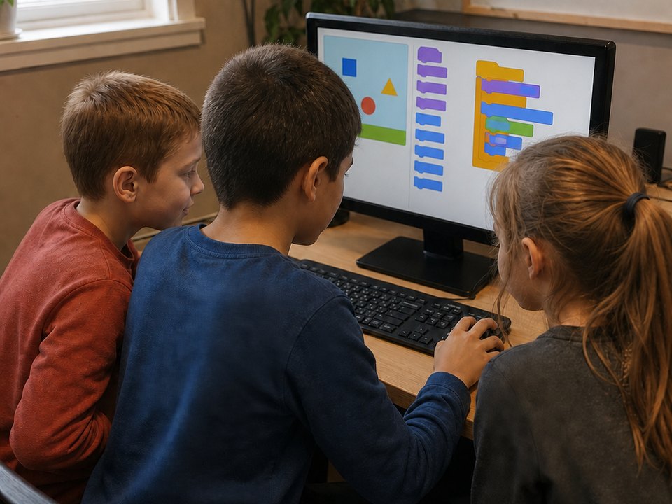 Three children working together at a computer displaying a colourful block-based program.