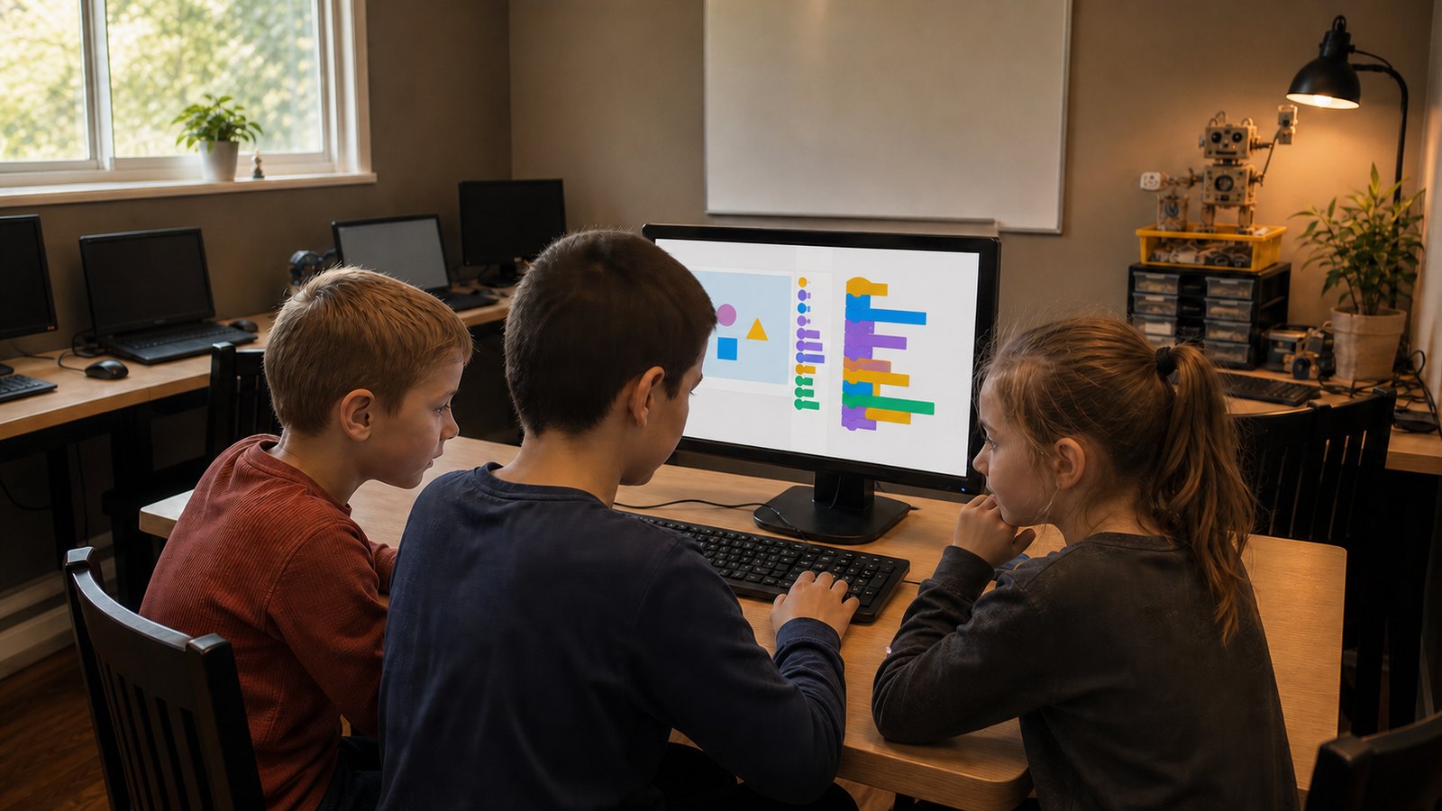 Three children working closely together on a colourful block-based coding project.
