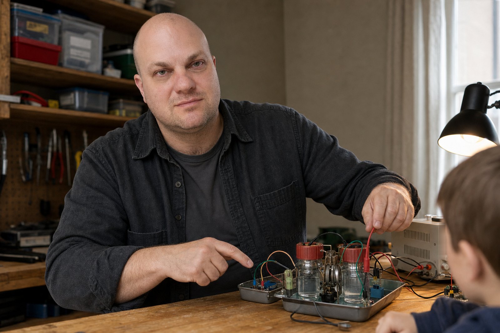 Eugene explaining a relay-and-sensor machine at a workbench.