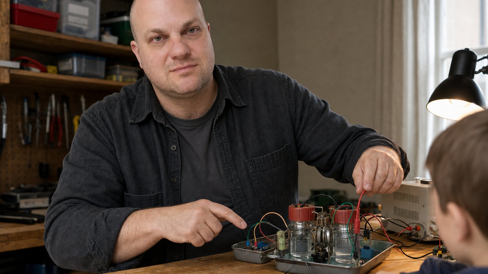 Eugene demonstrating a relay-and-sensor machine at a workbench.